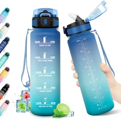 Imagen de Botella de Agua 1L, con Pajita, Reutilizable, Gimnasio Marca Tiempo, sin BPA, Motivacional, para Deporte, Oficina, Escuela, Bicicleta, Running