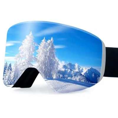 Imagen de Dizokizo Gafas de esquí con lente cilíndrica para esquí, snowboard, antivaho, protección UV, triple espuma transpirable, correa en relieve, ajuste universal mujeres y hombres