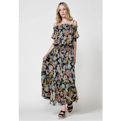 Imagen de Vestido Largo Semitransparente Multicolor con Escote Off Shoulder y Estampado Floral