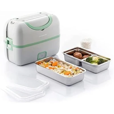 Imagen de InnovaGoods® Fiambrera eléctrica de vapor 3 en 1 con recetas, permite calentar, cocinar y cocer al vapor. Mantiene la comida caliente. 2 bandejas extraíbles, cuecehuevos.