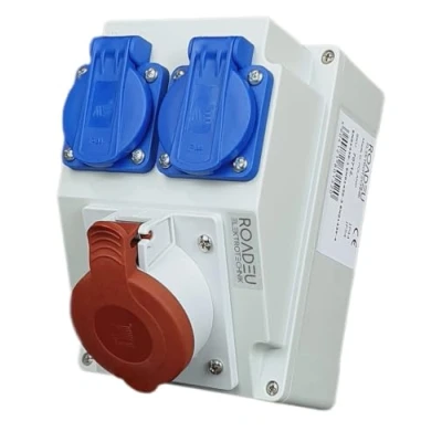 Imagen de RoadEu Toma mural combi CEE 16A 2x Schuko 230V Distribuidor de corriente IP44 para construcción interior y exterior