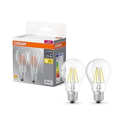 Imagen de OSRAM Lámpara base CLASSIC A FIL 40 LED con casquillo E27, forma bombilla clásica, paquete doble, 4W, 470lm, 2700K, luz blanca cálida, baja emisión de calor, larga vida, optimo consumo energía