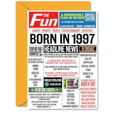 Imagen de Stuff4 Tarjetas de 27 cumpleaños para mujeres y hombres nacidos en 1997, periódico, tarjeta feliz hermana, hermano, amigo, retro vintage A5, veintisiete, veintisiete cu