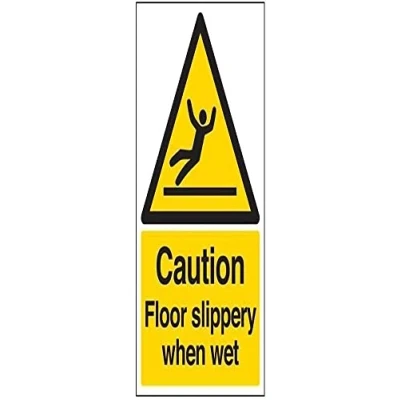 Imagen de VSafety 63044AU S Señal de advertencia suelo mojado resbaladizo, diseño con texto en inglés &quot;Caution Floor Slippery When Wet&quot;, autoadhesiva, vertical, 200 mm x 300 mm, color negro y amarillo