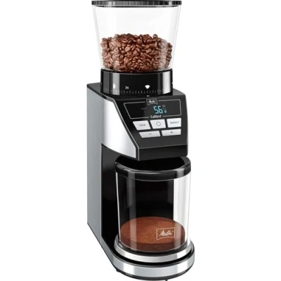 Imagen de Melitta Calibra 1027 01 Molinillo de café eléctrico cónico con 39 ajustes molienda para distintas máquinas y cafeteras, moledor báscula digital, pantalla LCD, 200g, negro