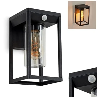 Imagen de lámpara de pared exterior Palanga, metal/vidrio en negro/claro, hacia abajo con detector movimiento y efecto luz para terraza, 1 x E27, sin bombilla(s)