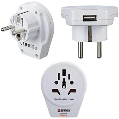 Imagen de Adaptador de viaje World to Europe Hama, 1 entradas USB, 250 V, Compatible con hasta 200 países, Blanco