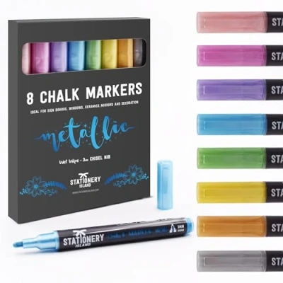 Imagen de Stationery Island Rotuladores de Tiza Liquida Borrado en Húmedo, Punta Redonda Fina 3 mm 8 Colores Metalizados para Vidrio, Pizarras Blancas Y Negro, Hogar, la Escuela o Oficina