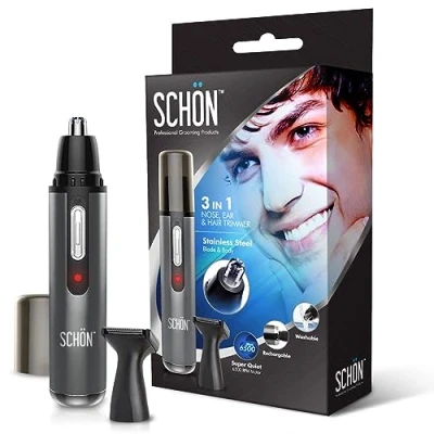 Imagen de SCHON Cortapelos para nariz, cejas y rostro 3 en 1 de acero inoxidable. Recargable con bolsa transporte blanda incluida, unisex.