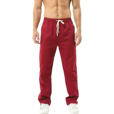 Imagen de Hoerev Pantalones de Lino Informales Verano para Hombre Estilo Playero,Rojo Oscuro,x Small