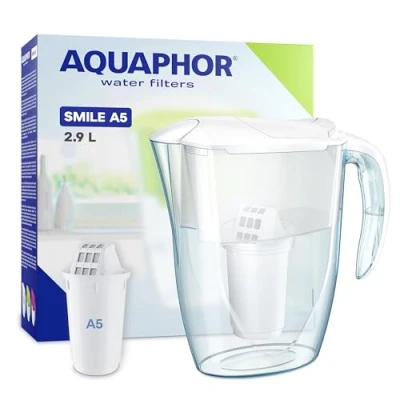Imagen de AQUAPHOR Jarra Filtrante de Agua Smile 2.9L, Cabe en Puertas Frigorífico, Ligera, Ahorra Espacio, Incluye 1 Filtro A5 350L, Reduce la Cal, Cloro y Microplásticos Blanco
