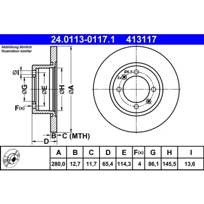 Imagen de ATE 24.0113 0117.1 Disco de freno 280,0 12,7 4 114,3 macizo SAAB: 900 I Combi Coupe