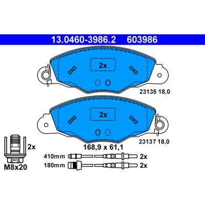 Imagen de ATE 13.0460 3986.2 Juego de pastillas freno con contacto avisador desgaste tornillos pinza CITROËN: Xantia Hatchback, XM II Hatchback