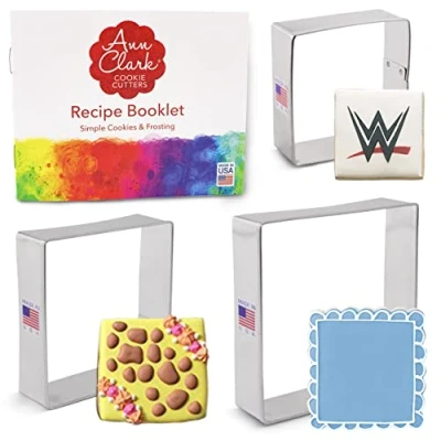 Imagen de Ann Clark Cookie Cutters Juego de 3 cortadores galletas cuadrado con libro recetas 6,5 cm, 7,6 cm y 8,9