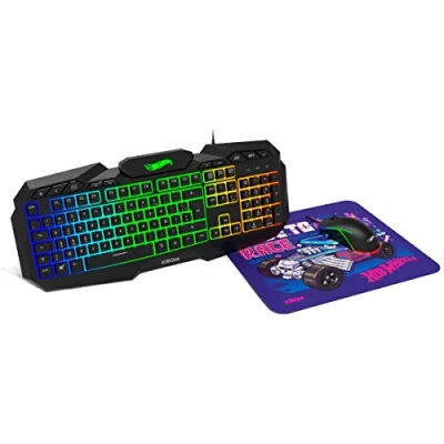 Imagen de KROM Kit teclado, Ratón y alfombrilla edición Hot Wheels KUSTOM Teclado membrana RGB, con sensor óptico 7200 DPI, tela suave resistente, layout francés, color negro
