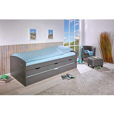 Imagen de Inter Link cama nido con almacenaje cajones Banco 2 camas 90 x 200 cm 3 de Madera maciza Sin colchón Gris Rieka