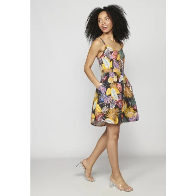 Imagen de Vestido corto de tirantes con escote pico y estampado tropical color Multicolor para Mujer