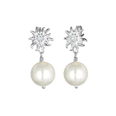 Imagen de Elli Pendientes para mujer con motivos de flores las nieves (edelweiss) y perlas, complemento conjunto tradicional bávaro «dirndl» el Oktoberfest, fabricados en plata ley 925