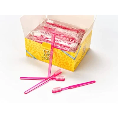 Imagen de Dr. Bauer&#039;s Cepillos de dientes desechables, empaquetados individualmente, con pasta en el cepillo, cabezal 4 filas, ideal para viajes, viajes o práctica dentistas (rosa, paquete