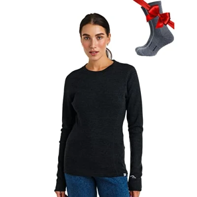 Imagen de Merino.tech Camiseta Lana Merino Mujer, Base Layer + Calcetines (X Large, 320 Charcoal Grey)