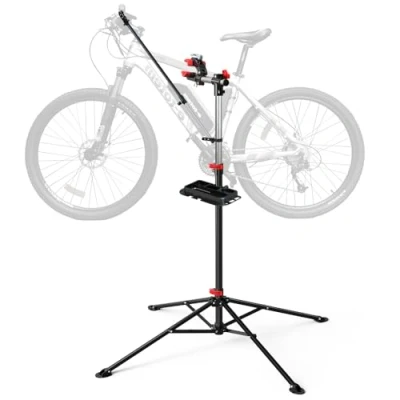 Imagen de VOUNOT Caballete Bicicleta Portátil, Soporte Reparación con Bandeja de Herramientas, Altura Ajustable, 4 Patas Plegable, Pinza Giratoria a 360