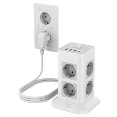 Imagen de TESSAN Regletas Enchufes 8 Tomas con USB C, Alargador Enchufe 3 Metros, Regleta Proteccion Sobretension A y Torre Vertical Interruptor, Ladron 3600W