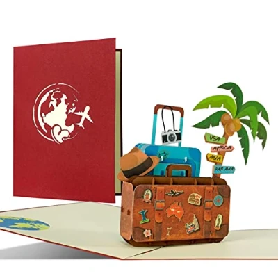 Imagen de Vale de viaje, tarjeta cupón con maletín 3D desplegable para vacaciones, Hermosa idea regalo un viaje mundial, crucero, hotel I C28