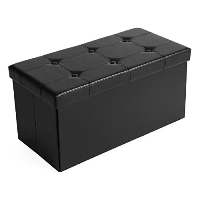 Imagen de SONGMICS Puff Almancenaje, Banco Almacenaje, Capacidad de 80 L, Carga 300 kg, Tapizado PVC, Acolchado, para Sala Estar, Dormitorio, Entrada, Negro LSF105