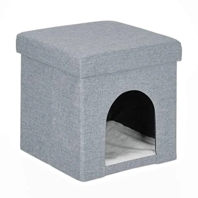 Imagen de Relaxdays Casa Cueva Gato Taburete Cubo, Cama con Cojín Perros Pequeños, Refugio Mascota, 38,5 x 37 cm, Gris Claro, Poliéster
