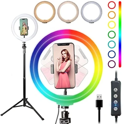 Imagen de Starbea Anillo de luz para selfie 10 pulgadas con soporte trípode y teléfono, iluminación fotográfica, LED circular RGB cámara maquillaje, YouTube, Tiktok (RGB)