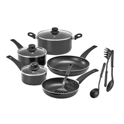 Imagen de bella Juego de utensilios cocina, 12 ollas y sartenes con utensilios, antiadherente sin PFOA, superficie cocción resistente a los arañazos, compatible todas las estufas, nailon aluminio,