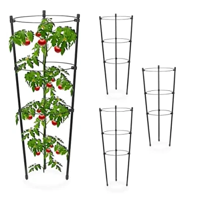 Imagen de Relaxdays Set 4 Jaulas Tomates, Hierro y Plástico, Tutores Flores, 45cm, 3 Anillos, Soporte Plantas Trepadoras, Negro