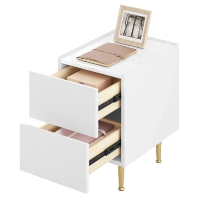 Imagen de WOLTU Mesita de Noche con 2 Cajones, Tablero Alto Brillo, Mesa Auxiliar Moderna 40x30x51cm, para Dormitorio Sofá Salón, Fácil Montaje, Madera+Cuero PVC+Metal, Blanco+Dorado, NTS10ws02