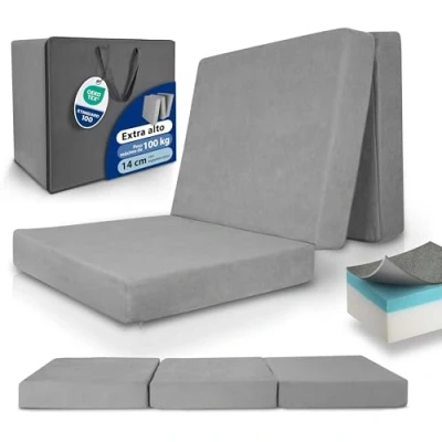 Imagen de Beautissu Premium colchón Plegable 75x195 cm Gris para Invitados Extra Grueso 14 Espuma viscoelástica, firmeza H3 Gran Comodidad Dormir, Lavable &amp; fácil Transporte Model L