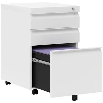 Imagen de Vinsetto Cajonera de Oficina Mueble Archivador Acero con 4 Ruedas 3 Cajones Cerradura y 2 Llaves para Tamaño A4 Carta Estudio Salón 39x48x60 cm Blanco