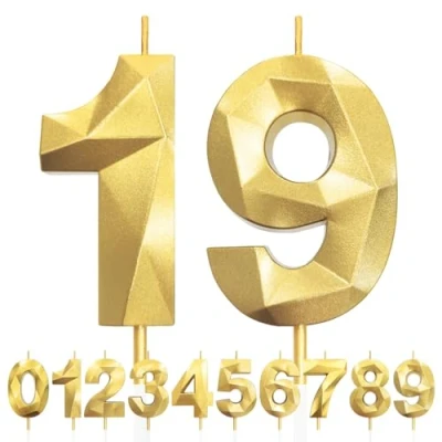 Imagen de Velas de 19 Cumpleaños Dorado, 3D Número 19, Vela para Pasteles, Feliz Cumpleaños,Velas Decoraciones Cumpleaños, Fiestas, Bodas, Aniversarios