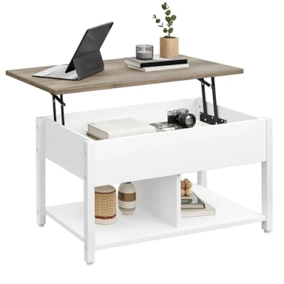 Imagen de YITAHOME Mesa de Centro con Tapa Elevable, 2 Niveles, Altura Ajustable Compartimento Almacenamiento Oculto y Estante para Sala Estar, Oficina, Blanco Gris
