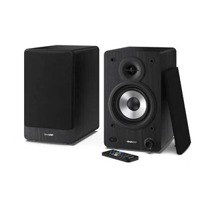 Imagen de Sharp CP SS30(BK) Pareja Altavoces estantería Activos 2vías, 60W RMS (2x30W) Carcasa Madera, Bluetooth v5.0, USB, óptica, Auxiliar, RCA, Ajuste Graves y Agudos, Rejilla extraíble, Mando a Distancia.