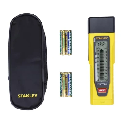 Imagen de STANLEY Comprobador/Medidor Humedad, Precisión 2%, Equipado con Clavijas Roscadas de Acero Inoxidable, Carcasa Resistente a los Golpes, Apagado Automático, 0 77 030