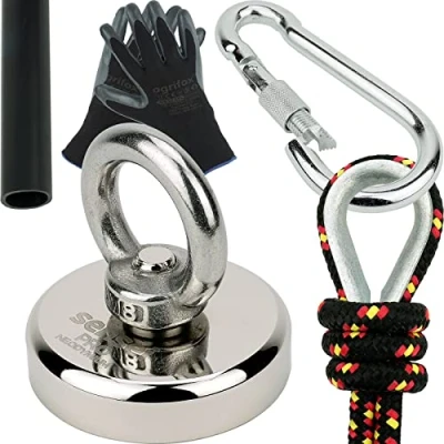 Imagen de Kit SENSEI 80 kg, Imán de Neodimio N52 con Gancho, Ø4,8 x H1,2 cm, Cuerda Vela 25 m, Guantes Protección + Accesorios, Set Exploración y Pesca