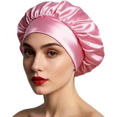 Imagen de iLamvie Gorro De Seda,Gorro Seda Para Dormir Pelo Rizado Con Banda Ancha Elástica Mujeres Y Niñas, Saten Rizado(Rosa)