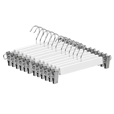 Imagen de COM FORT HOUSE Percha de Madera Maciza Color Blanco con Pinzas Gancho Giratorio Ideal para Faldas Pantalones y Vaqueros Pack 12 Unidades