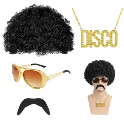 Imagen de ATSNOSH 4 Piezas Conjunto de Disfraces Hippies, Peluca Disfraz Años 80, Afro, Disco Punk Rock, Accesorios 70/80 para Hombre Mujer, Hippie Punks (Negro)