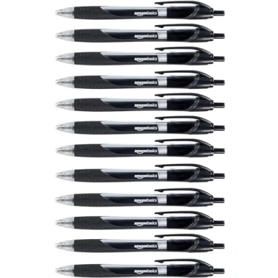 Imagen de Amazon Basics Bolígrafos de punta retráctil y tinta gel, 12 Unidad (Paquete 1), fina, Negro