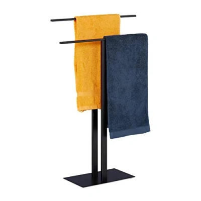 Imagen de Relaxdays Toallero de Pie con 2 Barras Autónomo, para Baño, Hierro, Portatoallas Doble, 82 x 50 19 cm, Negro