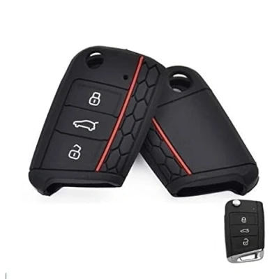 Imagen de Carcasa para llave compatible con Volkswagen Golf Polo Tiguan T ROC Cross Passat Seat goma 3 botones llavero funda suave protección mando coche (negro)