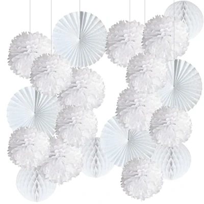 Imagen de 20 Pompones Blanco Decoracion Boda, Flores Pompom de Papel Seda, Abanicos, Bolas Nido Abeja Guirnaldas. Decoración Fiesta Bienvenida Bebe, Cumpleaños y Bautizo Piezas