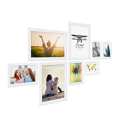 Imagen de PHOTOLINI Set de 8 marcos blancos madera MDF, anchos, moderno, cristal acrílico sólido, para colgar y poner pie, accesorios adicionales una decoración elegante su pared