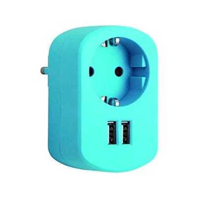 Imagen de SIMON Adaptador Combi, de Viaje con Toma Schuko 16A y 2 Enchufes USB, Corriente Carga Pared, Ladrón Color Azul Caribe