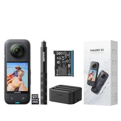Imagen de Insta360 X3 Cámara de acción Impermeable 360 Grados, Palo Invisible para Selfie, batería, concentrador Carga rápida y Tarjeta Memoria MicroSDHC 256 GB